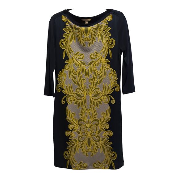 Banana Republic Dresses & Skirts - Banana Republic sz S Small Floral Blue Gold Midi 3/4 Sleeve Navy Blue Dress
